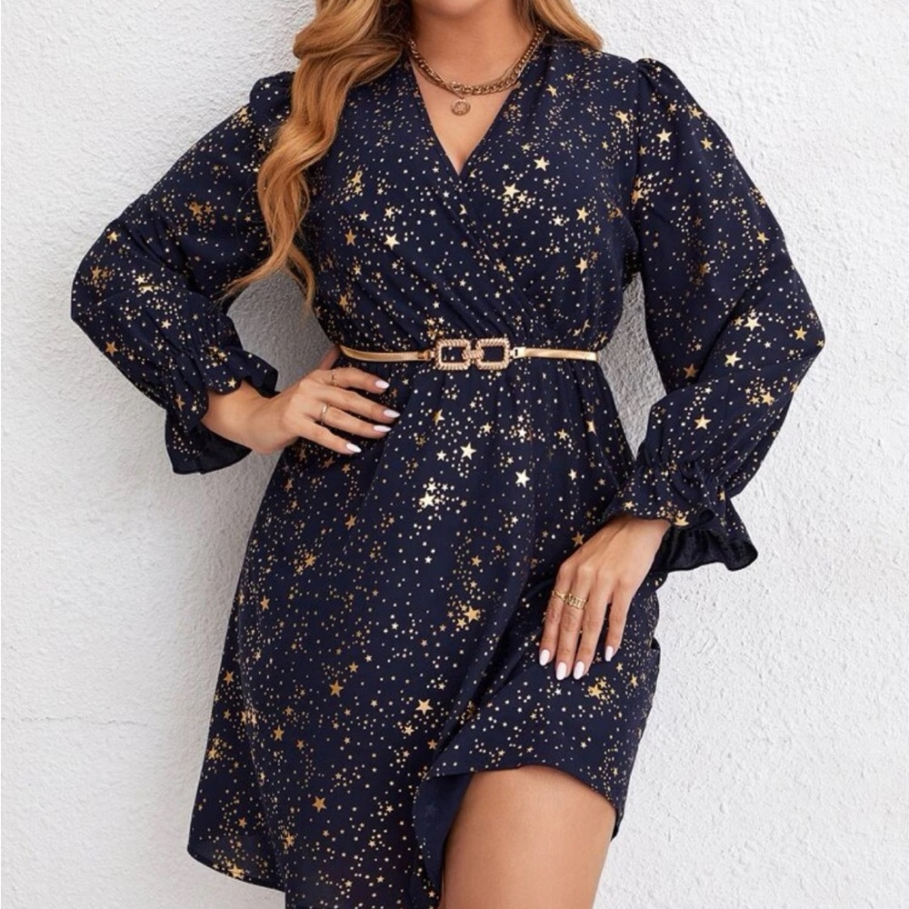 Navy blue gold stars flounce sleeve holidays party dress - Picture 5 of 8